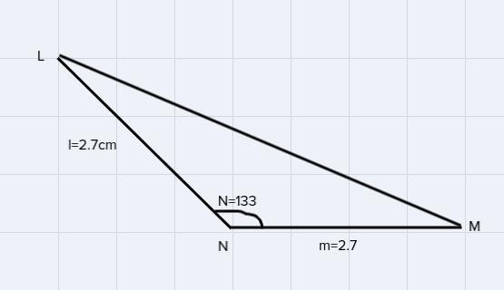 In Triangle LMN, l = 3.9 cm, m = 2.7 cm and angle N=133º. Find the area ofTriangle-example-1