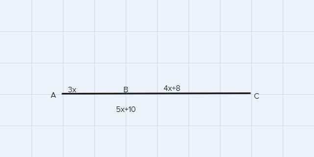 Point B is on line segment AC. Given AB = 3x, BC = 4x + 8, andAC = 5x + 10, determine-example-1