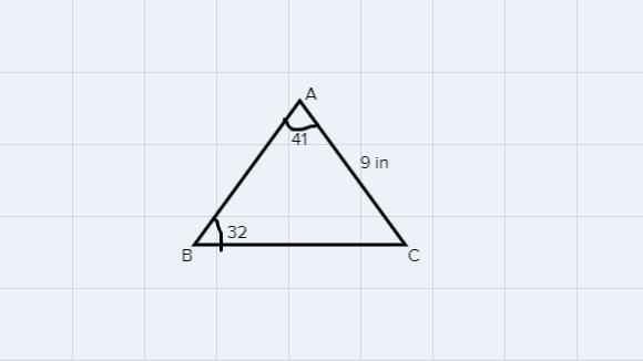 In triangle ABC, m angle A = 41 degrees, m angle B = 32 degrees, and AC = 9 in. What-example-1