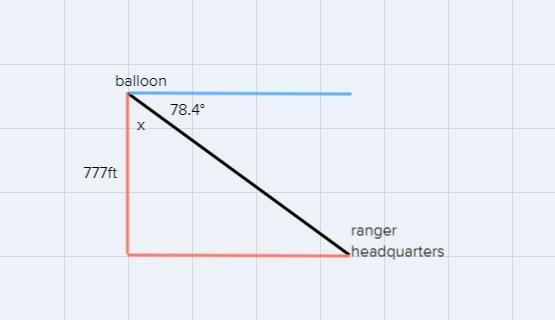 From a balloon 777ft high, the angle of depression to the ranger headquarters is 78.4 degrees-example-1