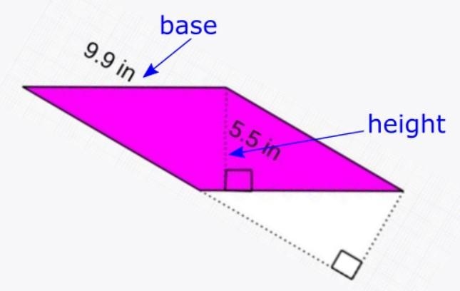 Find the area of the parallelogram 9.9in 5.5in-example-1