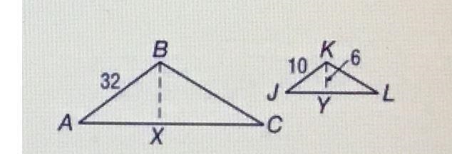 ABC~JKL with altitudes BX & KY. Find BXa. 19.2b. 21c. 24.6d. 28-example-1