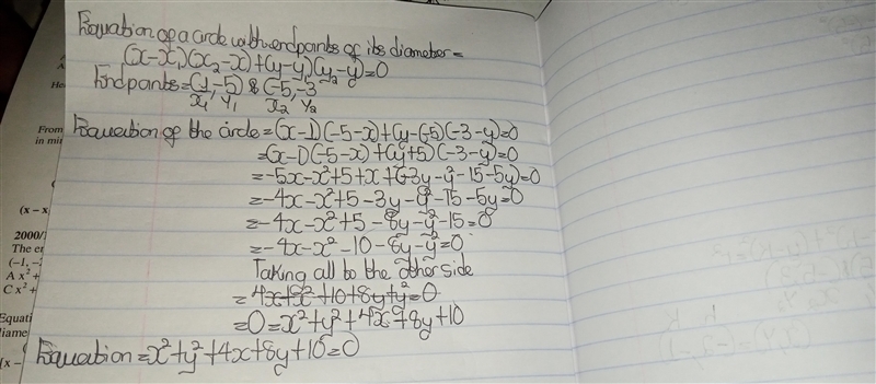 Find an equation of the circle whose diameter has endpoints (1,-5) and (-5,-3)-example-1