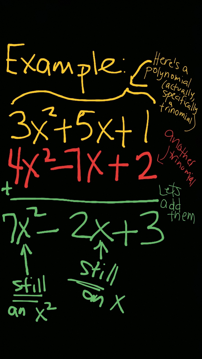 When we add polynomials, we _____ the coefficients but keep the ______ _______ the-example-1