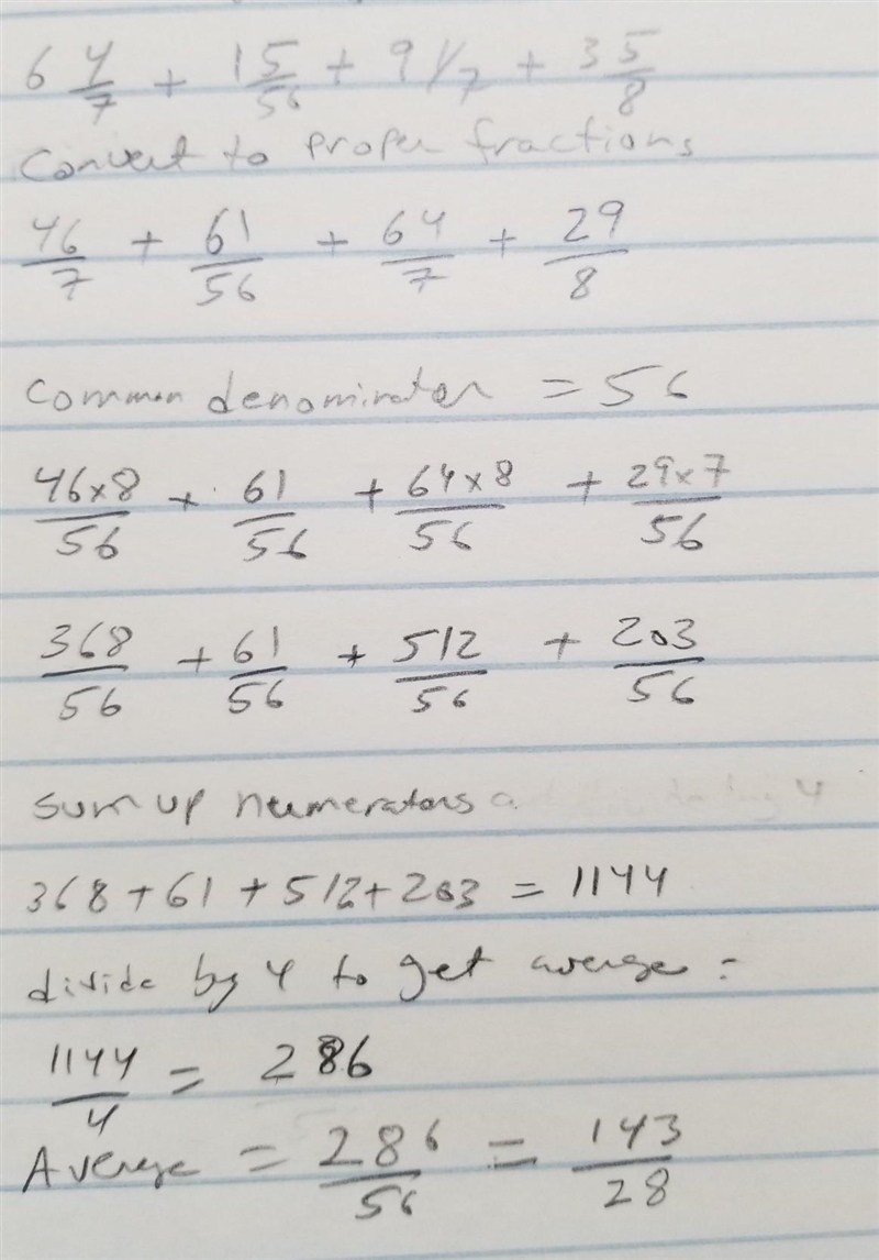 Find the average of the numbers 6 4/7, 1 5/56, 9 1/7, 3 5/8. Write the solution as-example-1