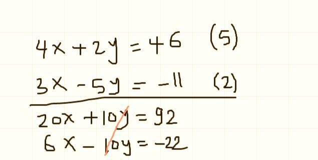 Solve the system of equations by the addition method 4x + 2y = 463x - 5y = - 11-example-1