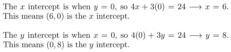 Find the x-intercept and the y-intercept of the graph of the equation. 4x + + 3y = 24 The-example-1