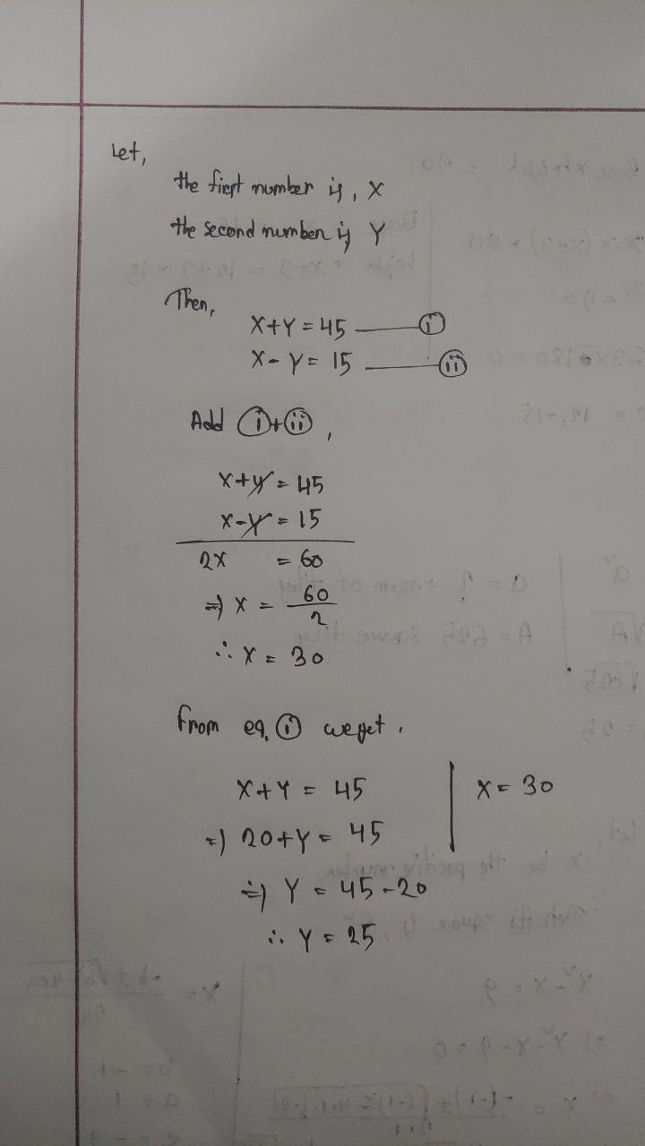 If sum of two numbers be 45 and their difference being 15, find the numbers-example-1