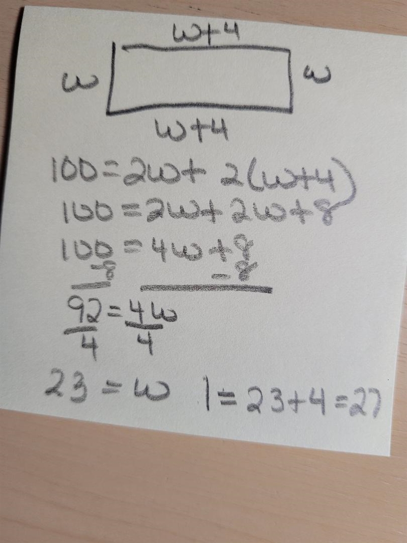 The length of a rectangle is 4 meters more than the width. If the perimeter is 100 meters-example-1