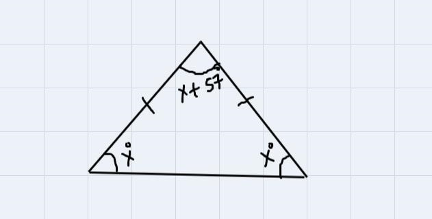 In a isosceles triangle one angle is 57° greater than each of the other two equal-example-1