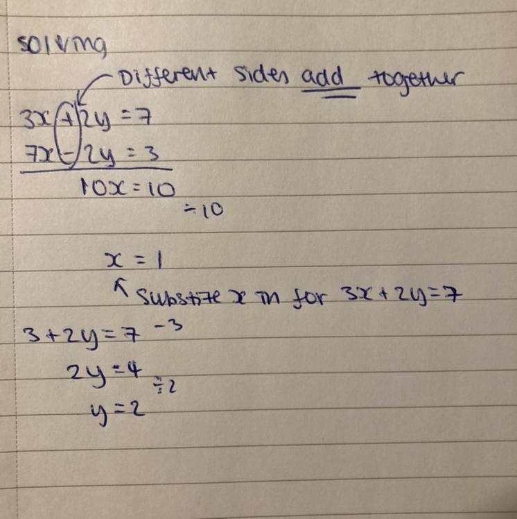 (3x + 2y = 7 (7x-2y = 3-example-1