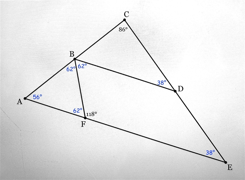 In the diagram below, BD || AE, BF bisects ∠A B D, m ∠C=86° and m ∠BF E=118°. Find-example-1