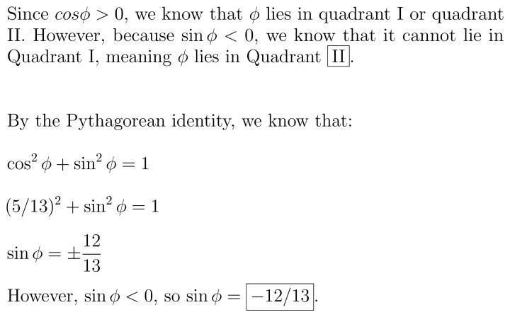 Cos ∅ = 5/13 and sin ∅ < 0. Identify the quadrant of ∅ and find sin ∅.​-example-1