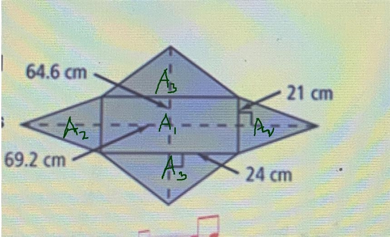 A net of arectangular pyramidis shown. Therectangular base haslength 24 cm andwidth-example-2