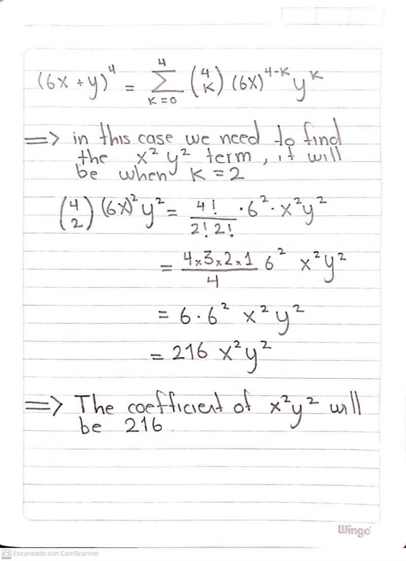 Find the coefficient of {x}^(2) {y}^(2)in the expansion of ( - 6x - y)^(4)Give answer-example-2