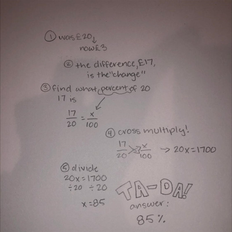 Work out the percentage change when a price of £20 is decreased to £3.-example-1