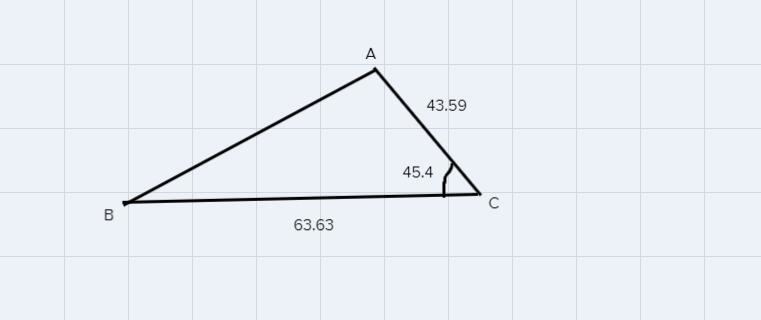 Find the measure of angle B.a=63.63 mi, b= 43.59 mi, C= 45.4 degrees-example-1