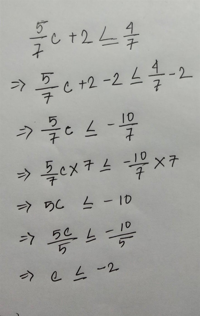 ASAP Find c for the inequality five sevenths times c plus 2 is less than or equal-example-1