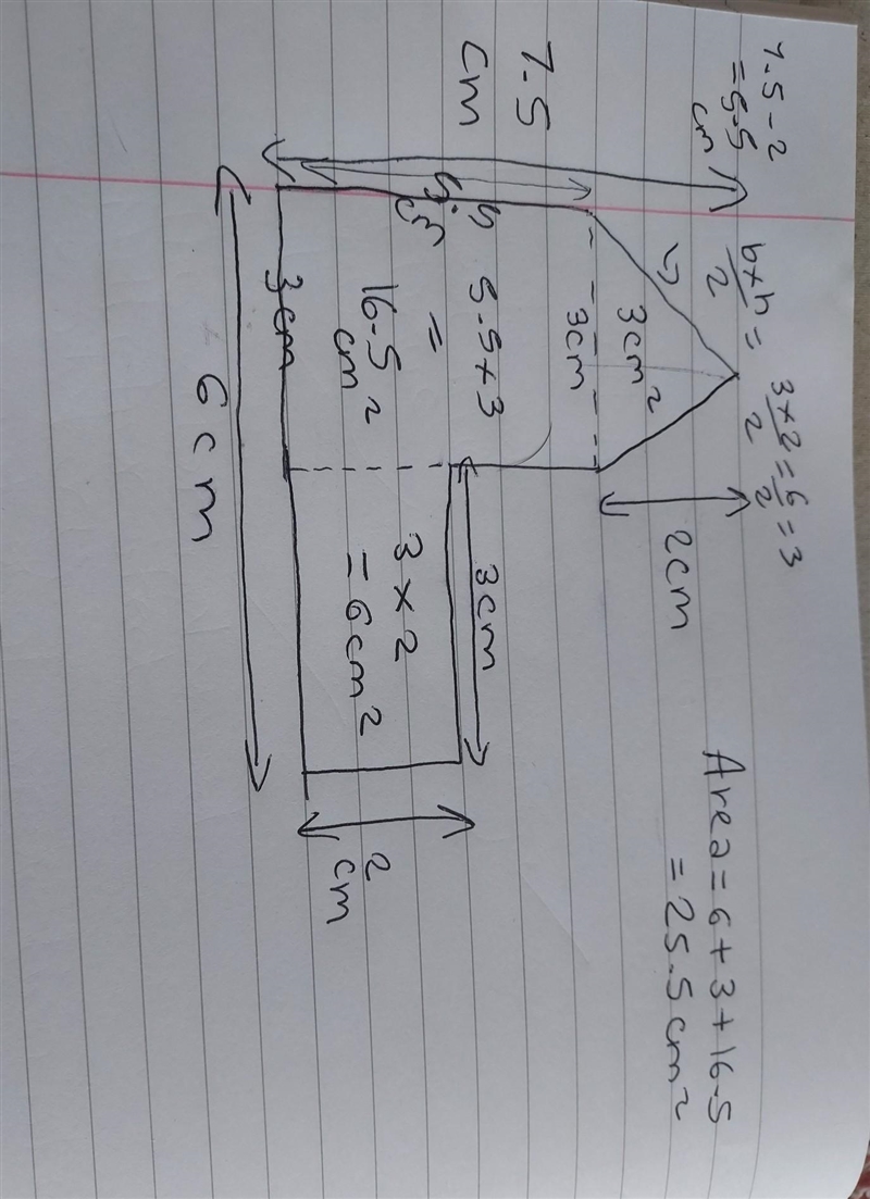 Calculate the perimeter and area of this shape. Perimeter = Area = 7.5 cm 6 cm 2 cm-example-1