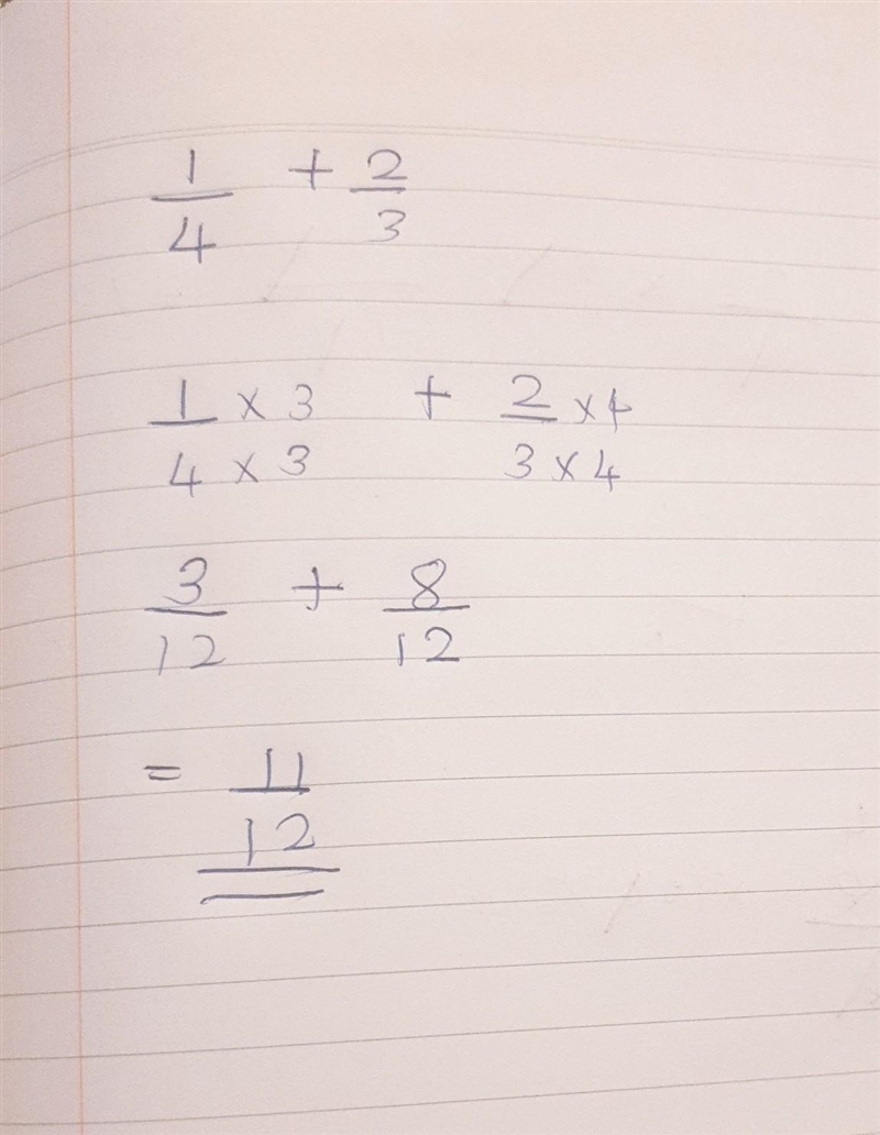 What is 1/4 + 2/3 with the common denominator of 12-example-1