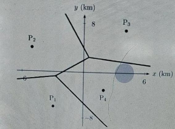 The Voronoi diagram below shows the locations of the four post offices P_{1} , P_{2} P-example-1