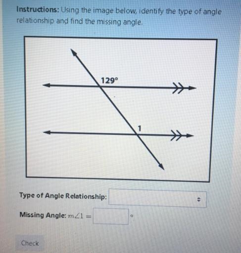 Using the image below, identify the type of angle and find the missing angle.-example-1