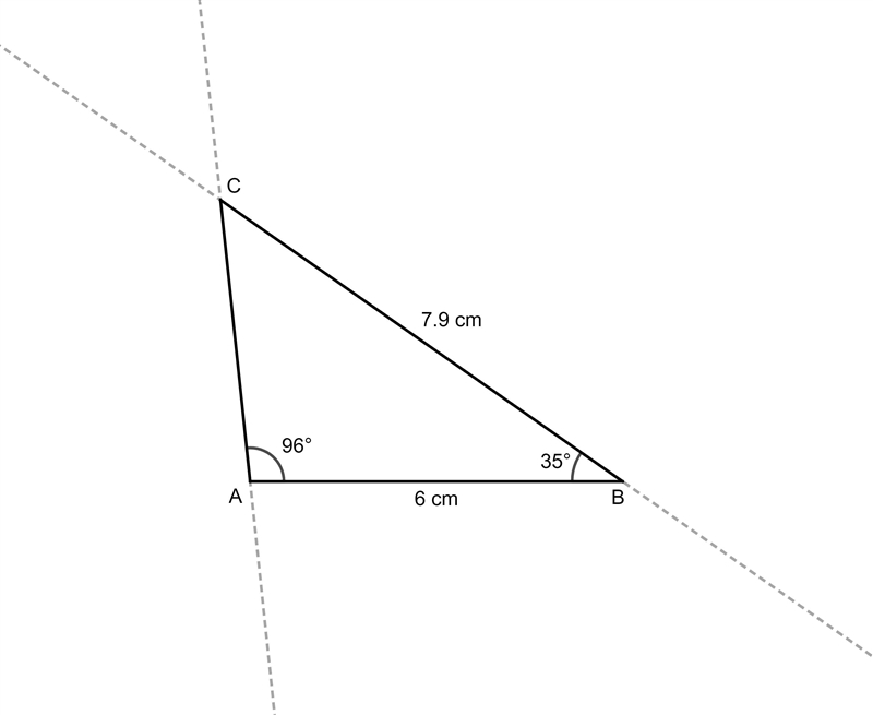 Construct triangle ABC, in which AB = 6cm, angle BAC = 96° and angle ABC = 35°. Measure-example-1