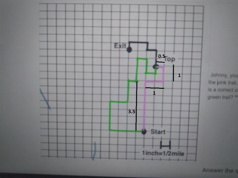 Johnny your friend claims that the green trail is 10 miles longer than the pink Trail-example-2