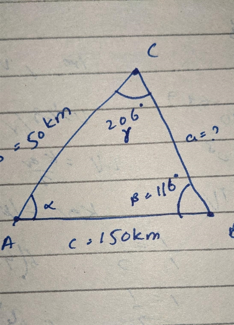 Draw a diagram showing the position of 3 cities A, B and C. C is 50 km away from A-example-1