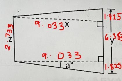 Find angle a in the taper shown.× = 9.033 inchesy= 6.383 inchesz= 2.733 inches-example-1