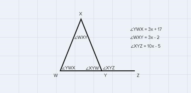 In AWXY, WY is extended through point Y to point Z, YWX = (3x + 17), XYZ = (10x – 5), and-example-1