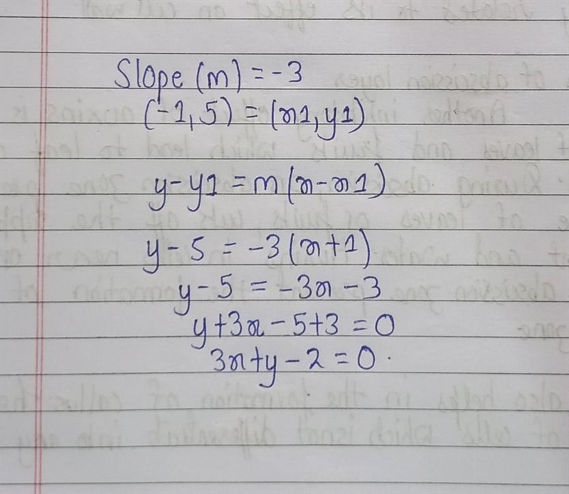 21) The slope of a line is -3 and it passes through point (-1,5). What is the equation-example-1