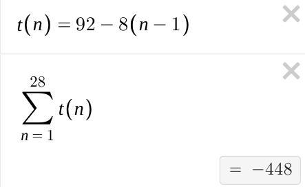 An arithmetic sequence is defined as follows: a₁ = 92 a₁ = a₁-1-8 Find the sum of-example-1