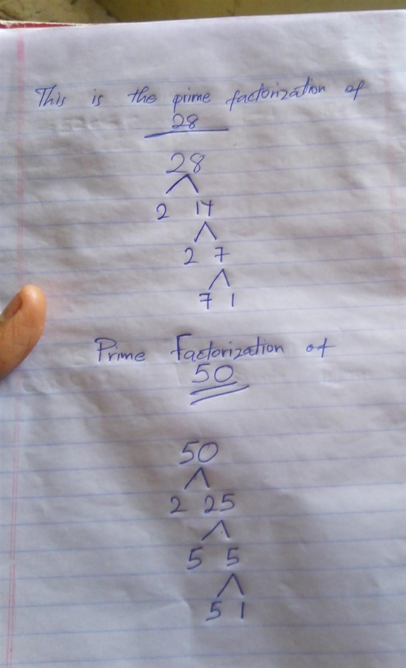 What is the prime factorization of 28 and 50? Explain if possible.-example-1