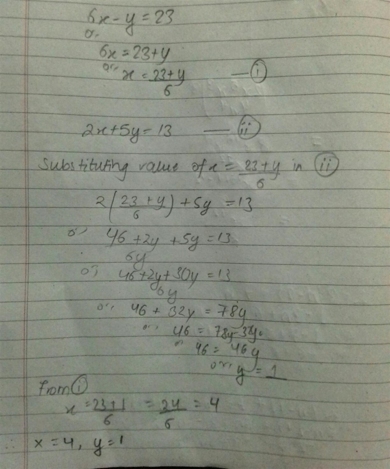 Solve the system below by substitution 6x-y=-23 2x+5y=-13-example-1