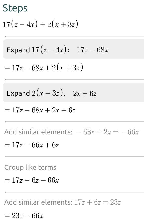 Simplify 17(z-4x)+2(x+3z)-example-1