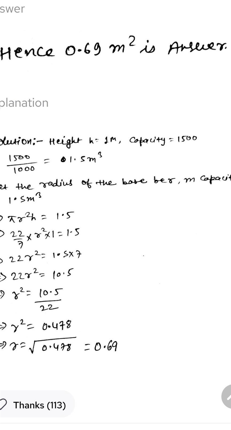 The capacity of a closed cylindrical pot of height is 1 m is 1,500 liters.How many-example-1