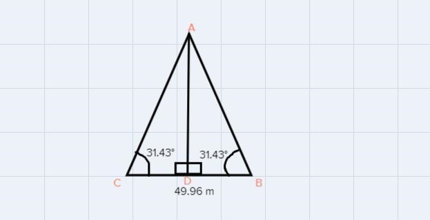 The length of the base of an isosceles triangle is 49.96 meters. Each base angle is-example-1