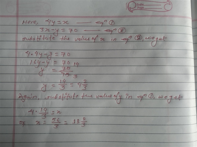 Solving systems using substitution 4y=x ; 3x-y=70-example-1