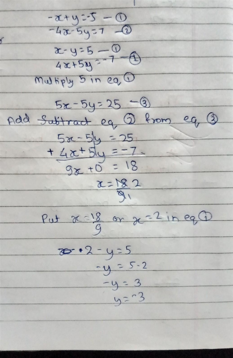 Determine the solution of the given system of equations. -x+y=-5 -4x - 5y=7-example-1