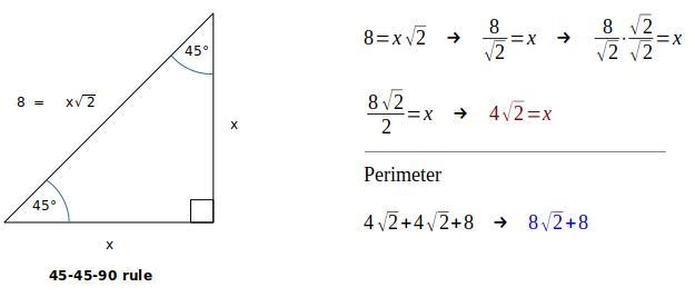 The length of the hypotenuse of an isosceles right triangle is 8. a. Find the perimeter-example-1