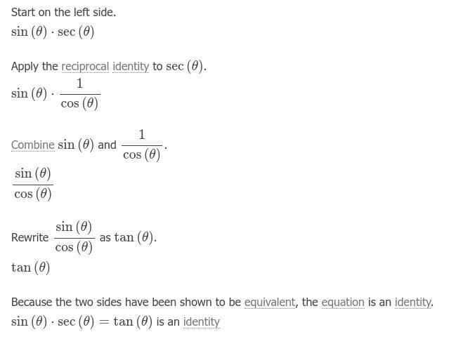 Establish the identity. sin theta * sec theta = tan theta-example-1