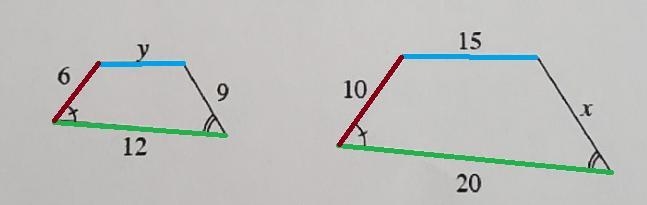 The shapes below are similar. Solve for x and y. Show all steps.-example-1