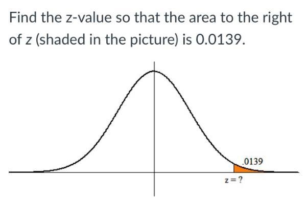 Find the z-value so that the area to the right of z (shaded in the picture) is 0.0139.-example-1