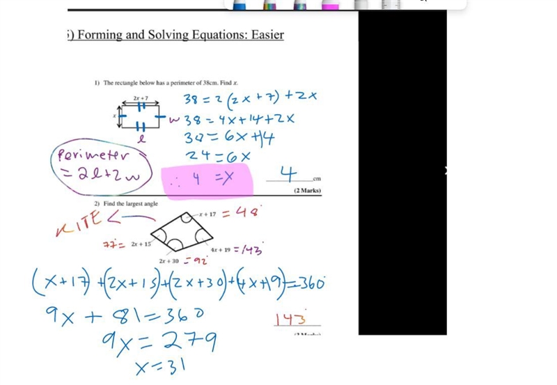 1) The rectangle below has a perimeter of 38cm. Find x. X 2x + 7 2) Find the largest-example-1