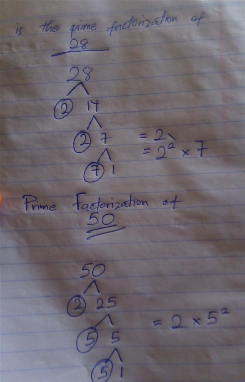 What is the prime factorization of 28 and 50? Explain if possible.-example-2