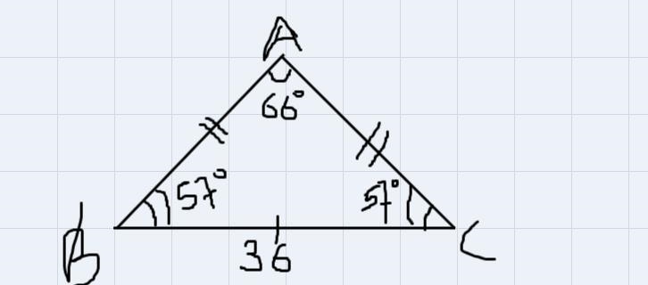 The base of an isosceles triangle has a length of 36 and a vertex anglemeasures 660. What-example-1