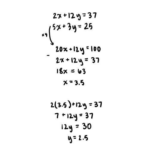 5x+3y=25, 2x+12y=37 ​-example-1