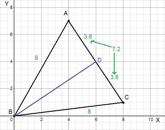 Graph AABC with A(4, 7), B(0,0), and C(8, 1).a. Which sides of AABC are congruent-example-2