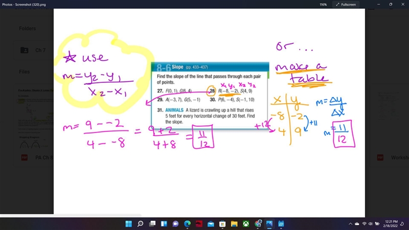 The graph of a linear equation passes through the points (-4, 1) and (4, 6). Which-example-1